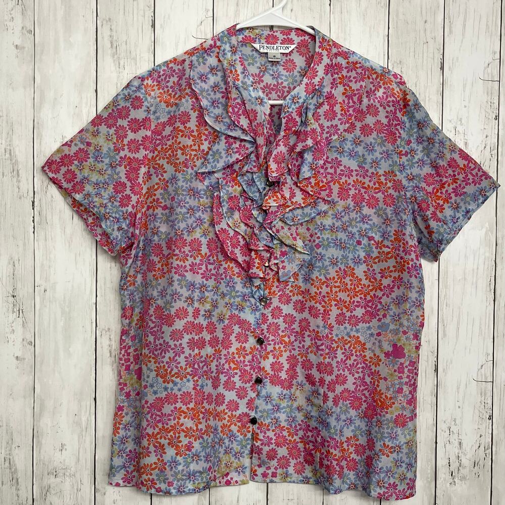 Pendleton Floral Sheer Short Sleeve Ruffle Button Down Girly Plus Size Blouse 16